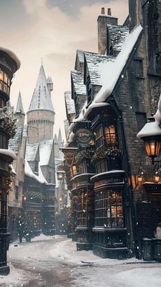 an image of a snowy street in the middle of hog potter's village at christmas time