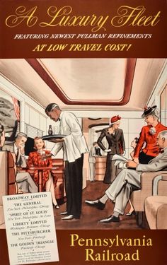 an advertisement for the pennsylvania railroad company, featuring two men in uniform and one woman sitting on