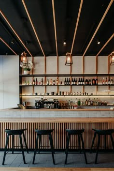 an empty bar with stools in front of it