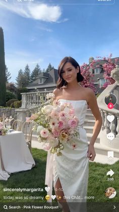 a woman in a white dress holding a bouquet and posing for a photo on her wedding day