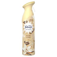 a bottle of air freshener with vanilla and chocolate on the inside, in front of a white background