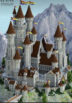 an image of a castle made out of legos with mountains in the back ground