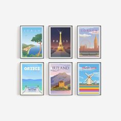 four framed travel posters on a wall with the names of major cities in english and french