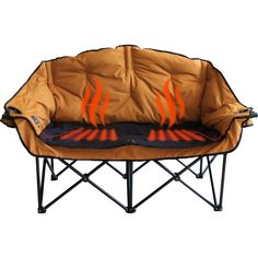 a dog bed with orange flames on it's back and side panels, in front of a white background