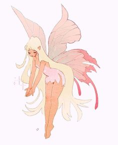 a drawing of a fairy with pink hair and wings