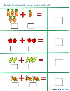 the worksheet for addition and subtraction with vegetables, carrots and apples