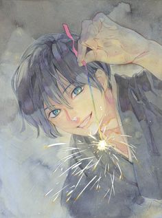 a drawing of a boy holding a sparkler in his hand and looking at the camera