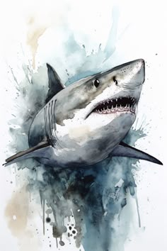 a watercolor painting of a shark with its mouth open