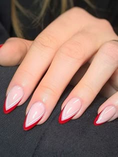 Red and white double chevron tips on an almond shape Red Tip Nails, Red French Tip Nails, Almond Nails Red, Red French Tip, Nails Dark, Nails French Tip, Red Nail Designs, Almond Nails Designs