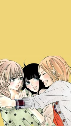 three girls hugging each other in front of a yellow background