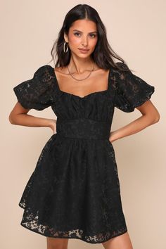 Showcase your angelic side in the Lulus Sweetest Effect Black Floral Burnout Puff Sleeve Mini Dress! Lightweight woven jacquard boasts a chic burnout floral design as it shapes short puff sleeves with elastic at the cuffs and shoulders. Bodice has a sweetheart neckline with gathered cups and a banded waist. Skirt has a flaring silhouette, finishing at a mini hem. Hidden zipper/clasp at back. Fit: This garment fits true to size. Length: Mid-thigh. Size medium measures 27.75" from shoulder to hem. Neutral Dresses, School Dance Dresses, Mini Dress Floral, Puff Sleeve Mini Dress, Fall Wedding Guest Dress, Fall Wedding Dresses, Super Cute Dresses, Lulu Dresses, Sweet Dress