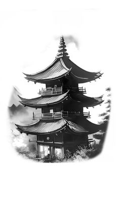 a black and white photo of a pagoda