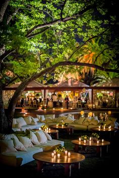 an outdoor seating area is lit up with candles and greenery at night, surrounded by trees