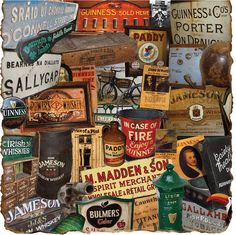 a collage of old liquor bottles and other items