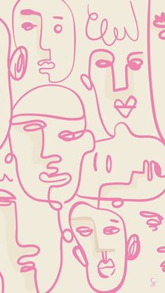 a drawing of many different faces in pink and white on a light colored wallpaper