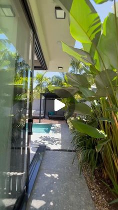 a house with a swimming pool surrounded by greenery