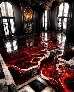 the floor is covered in red and black marble