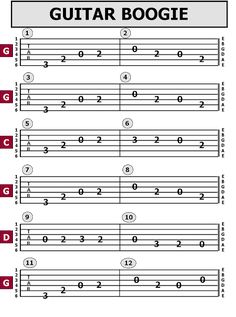 guitar chords with the words guitar boogie written in black and red on them, along with an