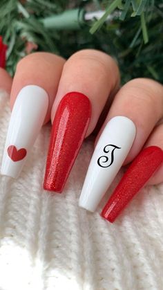 Cute Acyrilics Nails Designs, Acrylic Nails With A Letter On It, Nail Designs With Names On Them, Acrylic Nails Valentines Day Coffin, Red Nails With The Letter A, Acrylic Nail Designs Bf Initial, Red Nails With The Letter J On Them, Matching Nails And Toes Valentines, Red Nail Designs Easy