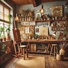 an artist's studio with lots of plants and other things on the shelves above