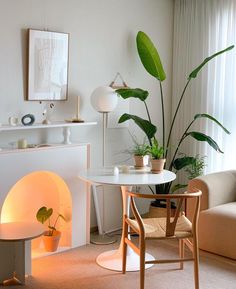 a living room filled with furniture and a fire place next to a table covered in potted plants