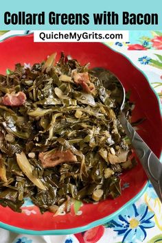 Red bowl with turquoise rim and collard greens with bacon, a metal spoon resting in it. Collard Greens Recipe With Bacon, How To Cook Collards, Greens With Bacon