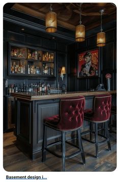 an image of a home bar with red velvet stools and dark wood paneling