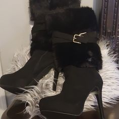 Luxe By Just Fab Faux Fur Stilleto Boots Size 11 High Heel Boots With Fur, Chic Platform Heels For Winter, Winter Heels With Buckle Closure For Night Out, Winter Evening Heeled Boots With Buckle Closure, Winter Party Heeled Boots With Buckle Closure, Winter Closed Toe Heeled Boots For Night Out, Chic Platform Boots With Buckle Closure For Night Out, Winter Heeled Boots For Night Out With Closed Toe, Winter Night Out Heeled Boots With Closed Toe