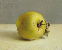 a painting of an apple sitting on a table top with the peel still attached to it