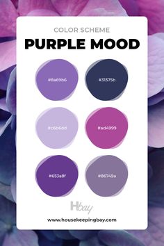 the color scheme for purple mood is shown on top of some pink and purple flowers