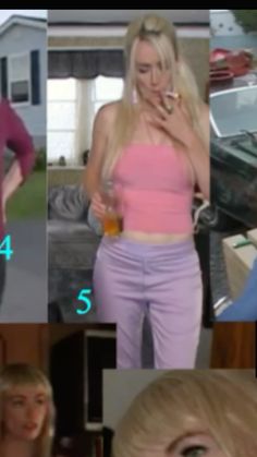 four pictures of women with blonde hair and wearing pink clothing, one in blue top and the other in purple pants