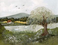 a painting of swans swimming in a lake