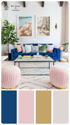 a living room with blue couches, pink ottomans and pictures on the wall above them