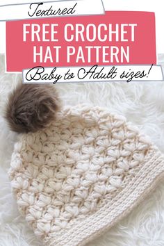 a crocheted hat with a pom - pom on top and text overlay