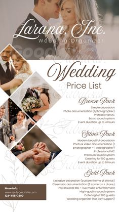 the wedding price list is displayed in this brochure, which includes photos and text