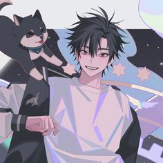 an anime character with black hair and a cat on his shoulder, standing next to him