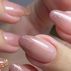 Nails For Mehendi, Classy Oval Acrylic Nails, Elegant Nails Almond Classy, Gradient Sparkle Nails, Natural Nails With Glitter Tips, Formal Nails For Pink Dress, Light Pink And Black Nails Design, Natural Nail Designs On Real Nail, Almond Nails For Wedding