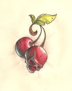 a drawing of two cherries with a green leaf on the top and an upside down one