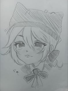 a pencil drawing of a girl wearing a hat and bow tie with her eyes closed