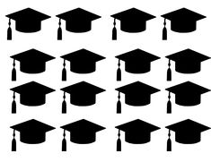 graduation caps and tassels are shown in black on a white background, with the word