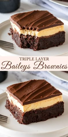 triple layer bailey's brownies on a white plate