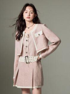 Tweed Short Jacket & Slip Skirt Combo Tweed Shorts, Coffee Color, Pink Coat, Slip Skirt, Sleeve Cuff, Short Jacket, Strap Dress, Styling Ideas, Pink Brown