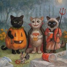 three cats are dressed up as witches and pumpkins, one is holding a jack - o'- lantern