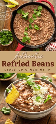 authentic refried beans in a skillet with tortilla chips and cilantro