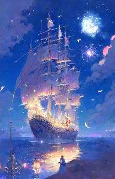 a ship floating on top of a body of water under a sky filled with stars