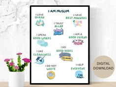 Introduce your child to the beauty of Islamic teachings with our Kid's Islamic Affirmations poster. Filled with uplifting messages tailored for young minds, each affirmation is thoughtfully selected to reflect Islamic values. Perfect for decorating spaces such as: your child's room, playroom, nursery, or classrooms. You will receive a zipped folder with 5 - high quality JPG digital files for your art printable. 1.   A 4:5 ratio file for printing sizes: 4" x 5", 8" x 10", 12" x 15", 16" x 20". 2. 28 Rajab, Islamic Affirmations, Majlis Poster, Islamic Nursery, Arabic Language Learning, Affirmations Printable, Arabic Learning, Arabic Worksheets, Arabic Letters