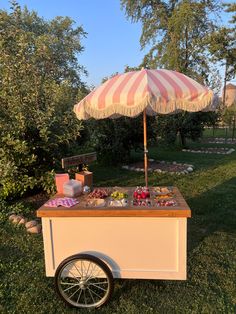 an umbrella is over a table with food on it in the grass near some trees