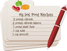 a recipe card with a red pen and some food items on it, including broccoli