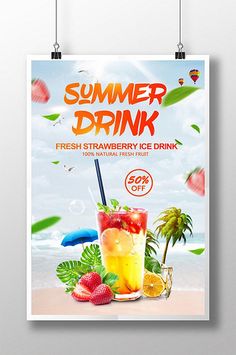 a poster for a fresh strawberry ice drink with strawberries and lemons on the beach