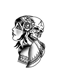 a drawing of a woman with a skull on her head